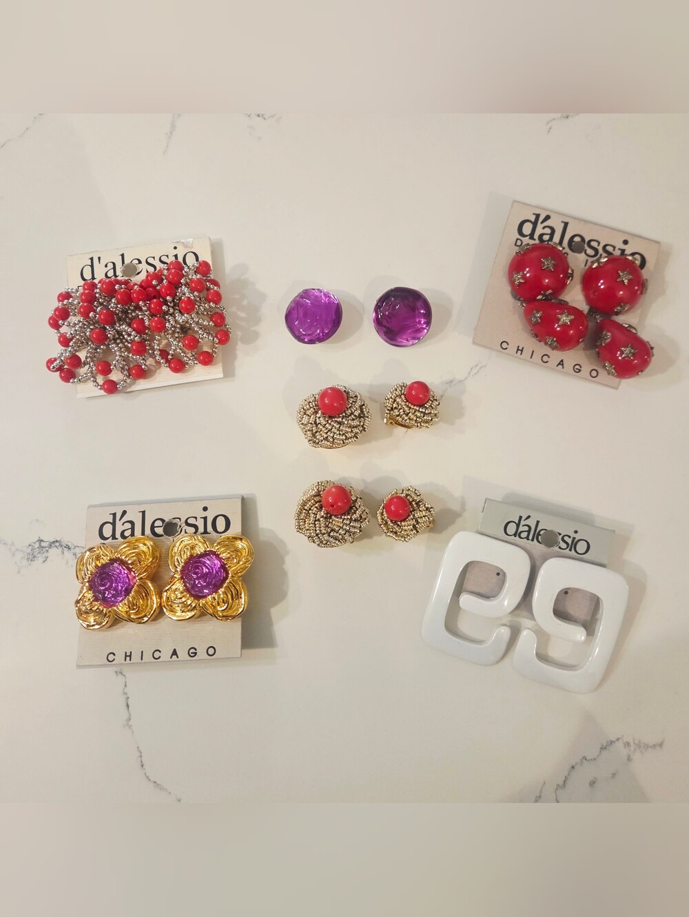 BOLD VTG DALESSIO Mixed Colors  Shapes Gold Earrings Clip On 1980 Runway Lot 7